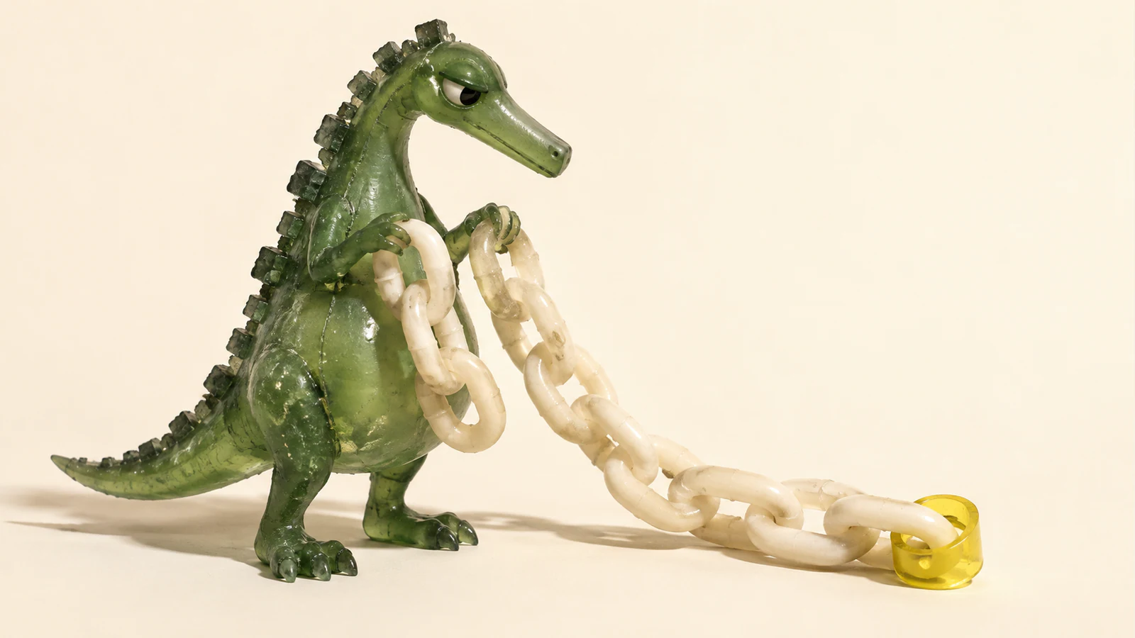 A translucent green resin dinosaur holds an ivory chain trailing across a warm cream surface. A yellow collar surrounds one end link, leaving the rest outside.