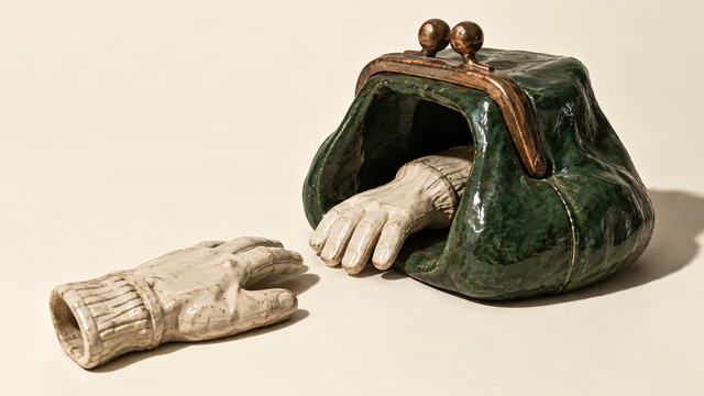 A textured forest-green ceramic coin purse with a copper-colored clasp holds one ivory work glove partly inside its opening. Another ceramic glove lies outside across a small gap, casting hard shadows on an ivory background.