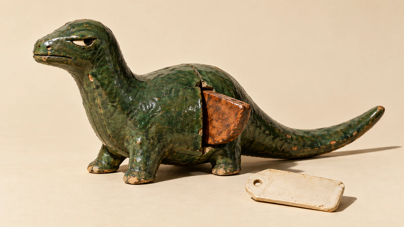 A scuffed forest-green ceramic dinosaur with a skeptical eye has a copper-colored insert protruding from an opening in its flank. A blank ivory tag lies detached beside it on a warm ivory surface, with hard shadows.