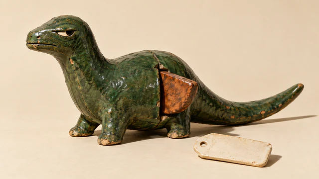 A scuffed forest-green ceramic dinosaur with a skeptical eye has a copper-colored insert protruding from an opening in its flank. A blank ivory tag lies detached beside it on a warm ivory surface, with hard shadows.