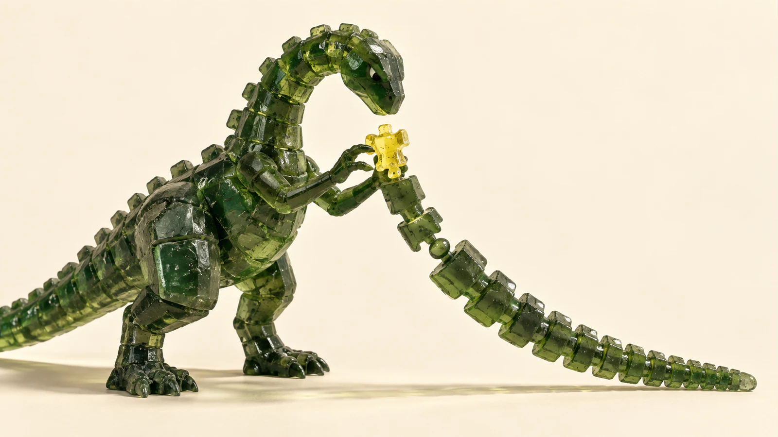 A translucent green resin dinosaur examines a yellow connector above a long segmented assembly on an ivory surface, with hard shadows and visible casting bubbles.