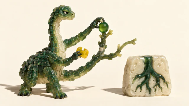 A skeptical green resin dinosaur holds a bead above its branching tail and a yellow open collar in its other hand. A separate ivory block contains green roots, all on a warm ivory background with hard shadows.