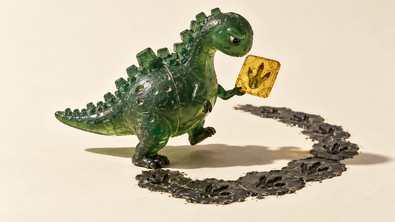 A translucent green resin dinosaur studies a yellow tile bearing a footprint, one foot raised beside a curved trail of matching black footprints on an ivory background.