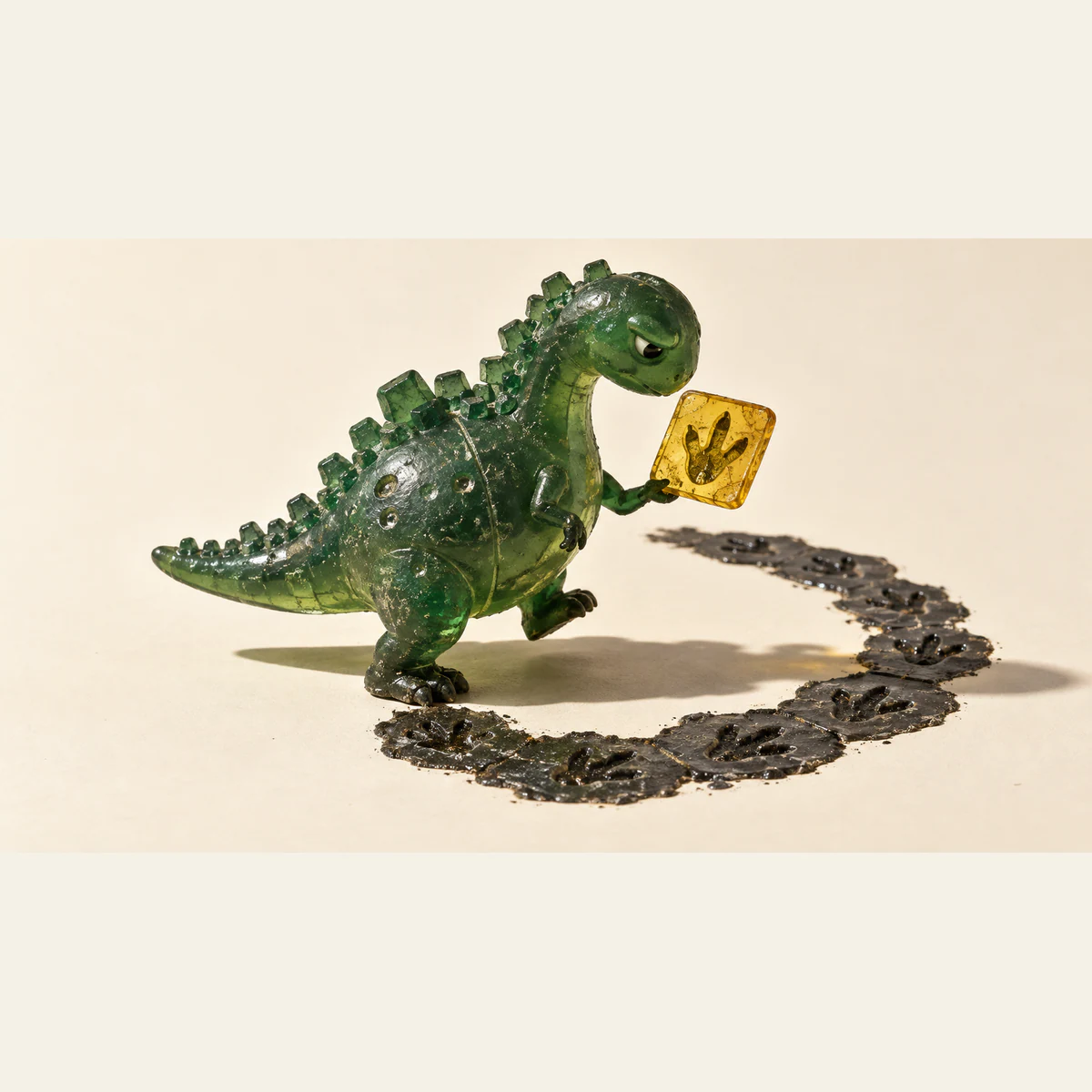 A translucent green resin dinosaur studies a yellow tile bearing a footprint, one foot raised beside a curved trail of matching black footprints on an ivory background.