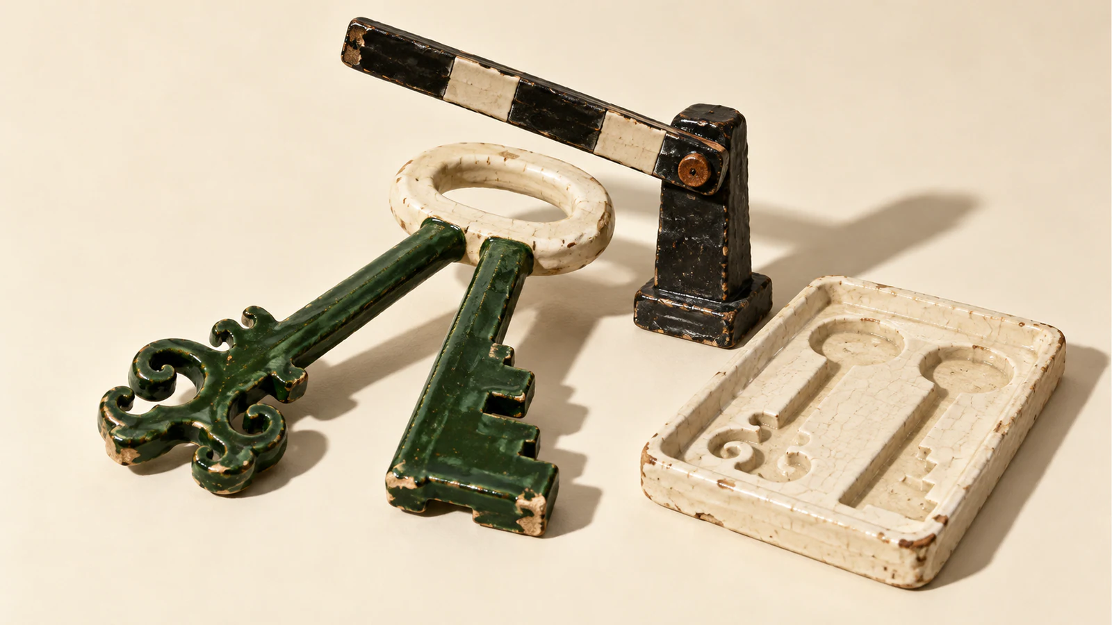 Two differently shaped forest-green ceramic key blades share an ivory handle beneath a raised black-and-ivory barrier. An empty tray with separate key-shaped recesses sits beside them. Chipped glaze and hard shadows texture the warm ivory scene.