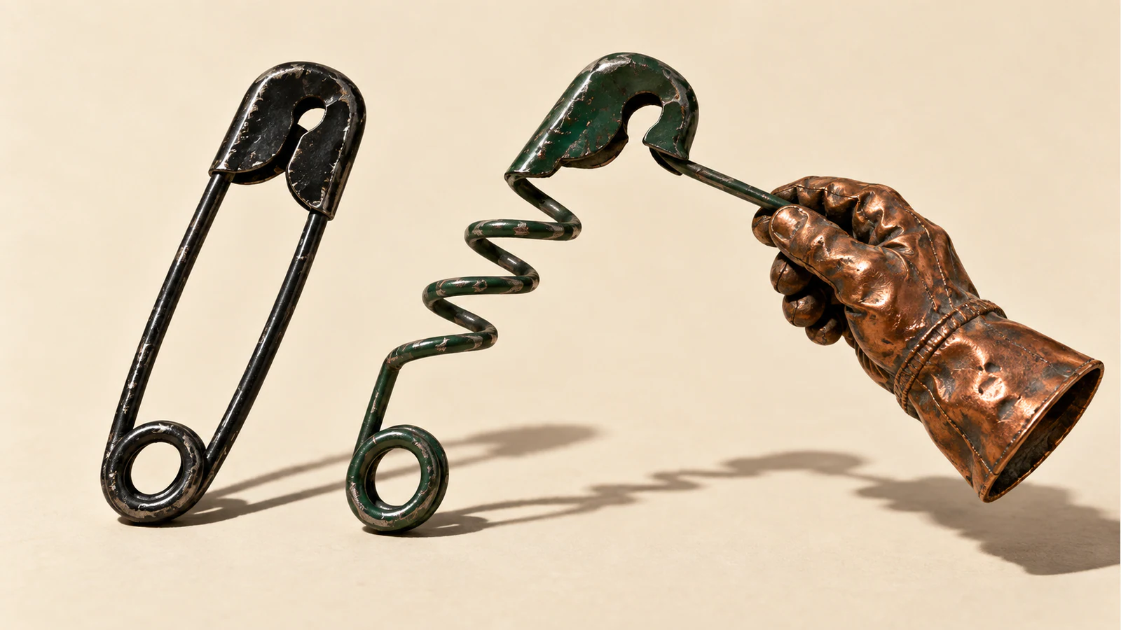 A copper-colored metal work glove grips an open, spring-shaped green safety pin beside a closed black safety pin. Scuffed surfaces cast hard shadows across an ivory background.