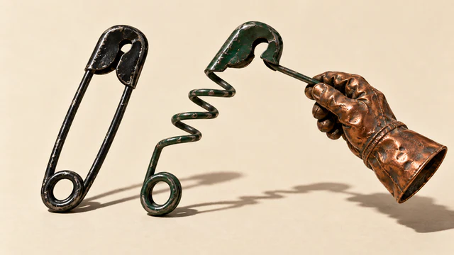 A copper-colored metal work glove grips an open, spring-shaped green safety pin beside a closed black safety pin. Scuffed surfaces cast hard shadows across an ivory background.