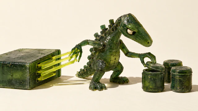 A skeptical green resin dinosaur pulls several yellow strips from a slotted block while lifting one jar lid beside two closed jars, on an ivory background.