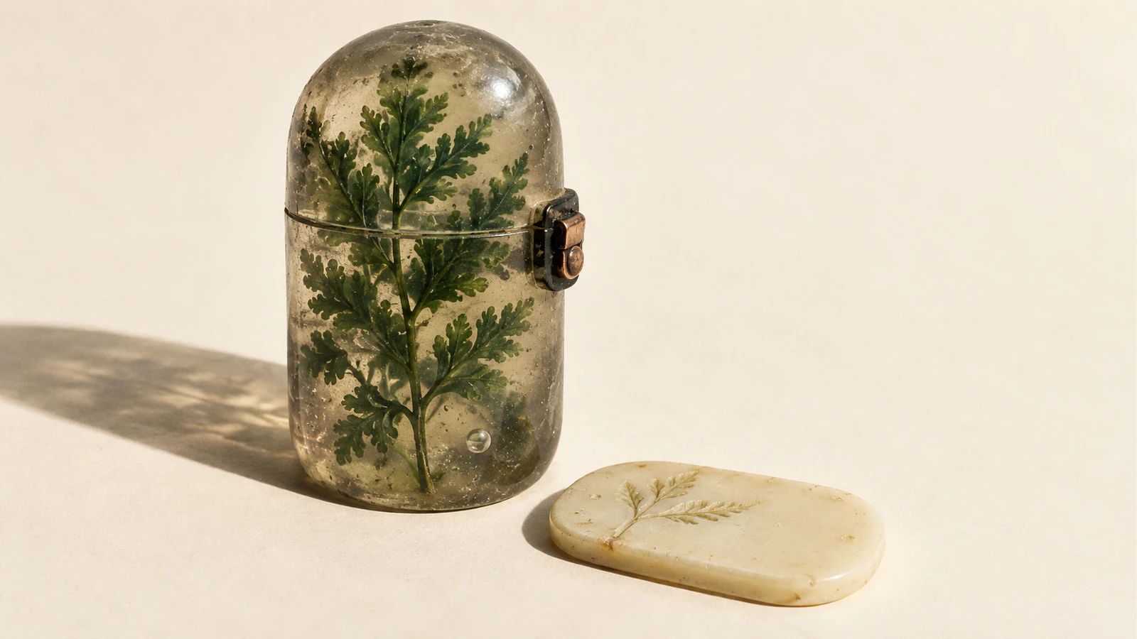 A green fern enclosed in a bubbled translucent capsule with a copper-colored clasp stands beside an ivory tablet bearing a small branch impression. Hard shadows cross the warm ivory background.