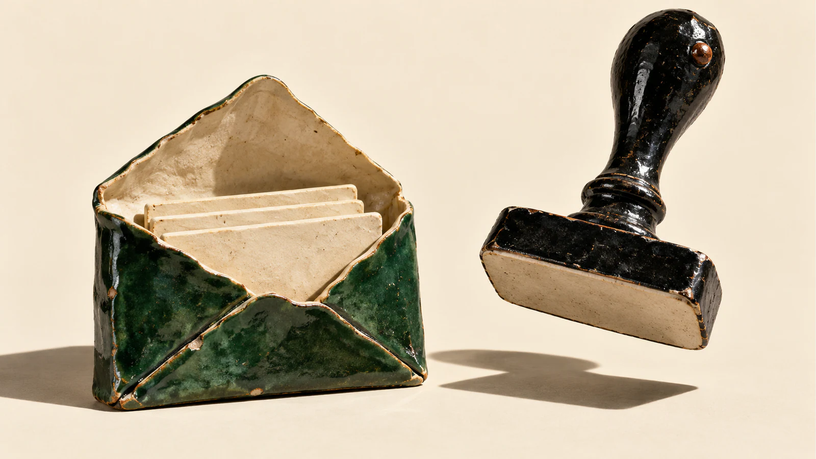 An open forest-green ceramic envelope holds blank ivory sheets beside a hovering black ceramic stamp with an unmarked underside. Chipped glaze and hard shadows punctuate the warm ivory background.