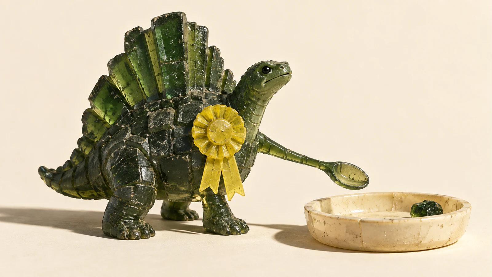 A scuffed translucent green resin dinosaur wears a yellow award rosette, extending an empty spoon-shaped arm above an ivory dish containing one green morsel. Hard shadows fall across the warm ivory background.