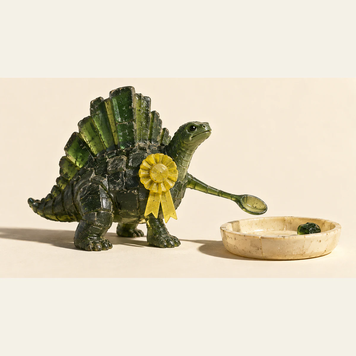 A scuffed translucent green resin dinosaur wears a yellow award rosette, extending an empty spoon-shaped arm above an ivory dish containing one green morsel. Hard shadows fall across the warm ivory background.