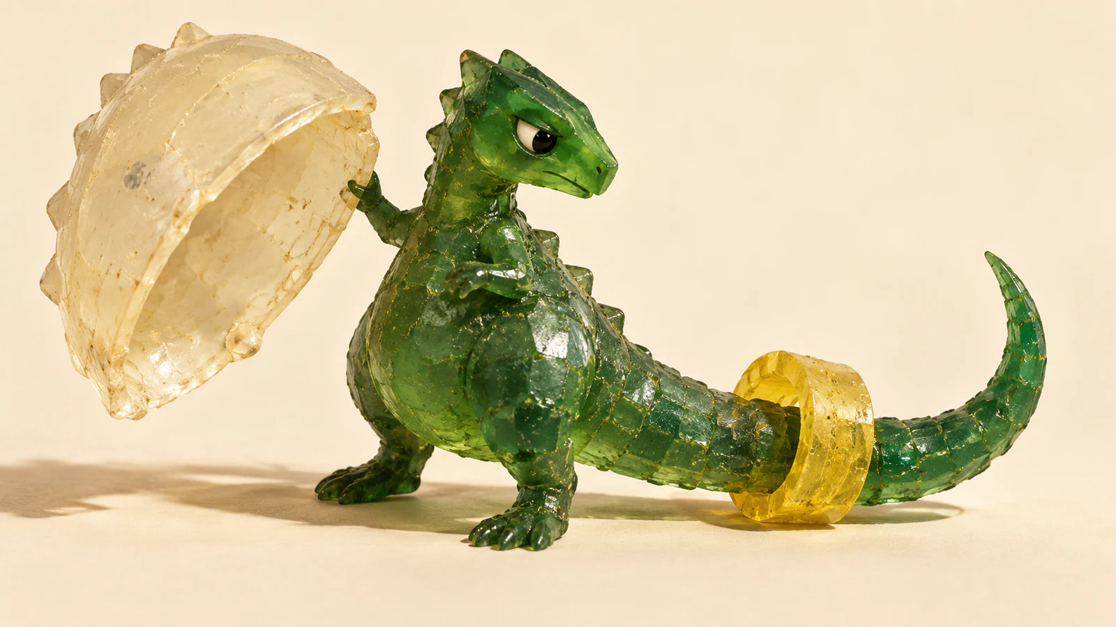 A skeptical translucent green resin dinosaur holds a pale hollow shell aloft while a yellow hoop encircles its long tail, against a warm ivory background.