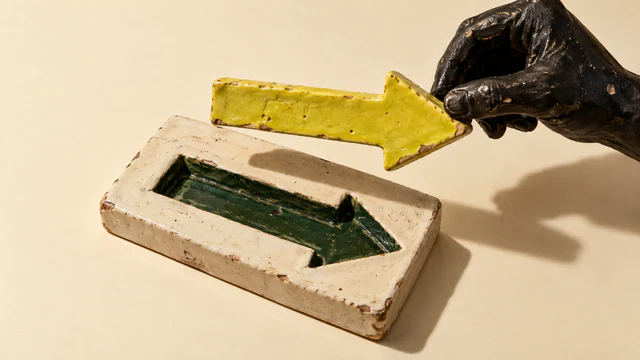 A chipped black ceramic hand holds a yellow arrow above a green arrow-shaped recess in an ivory ceramic slab, casting hard shadows across a warm cream background.