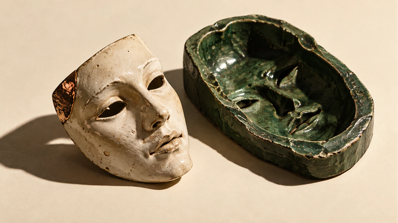 An ivory ceramic theatrical mask with a copper patch rests beside a forest-green face mold on a warm ivory surface, casting hard shadows.