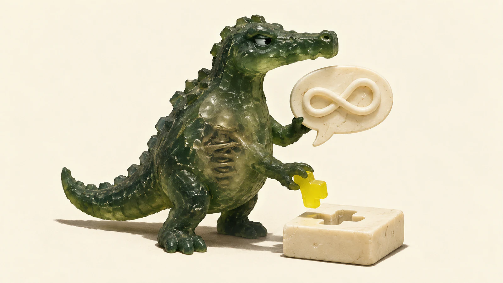A translucent forest-green resin dinosaur holds an ivory speech bubble with a raised looping cord. A coil is visible inside its belly, while its other hand suspends a yellow peg above a matching ivory recess. Hard shadows fall across a warm ivory background.