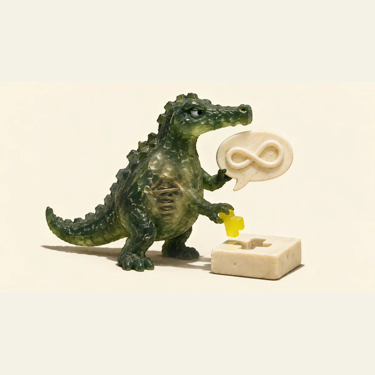 A translucent forest-green resin dinosaur holds an ivory speech bubble with a raised looping cord. A coil is visible inside its belly, while its other hand suspends a yellow peg above a matching ivory recess. Hard shadows fall across a warm ivory background.