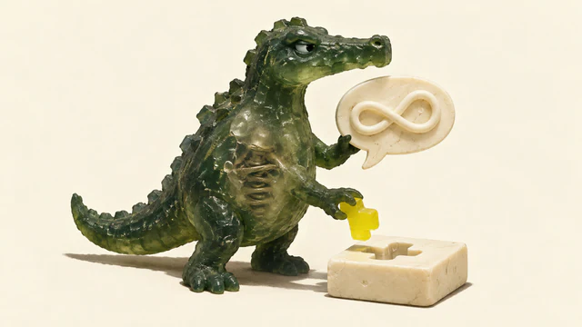 A translucent forest-green resin dinosaur holds an ivory speech bubble with a raised looping cord. A coil is visible inside its belly, while its other hand suspends a yellow peg above a matching ivory recess. Hard shadows fall across a warm ivory background.