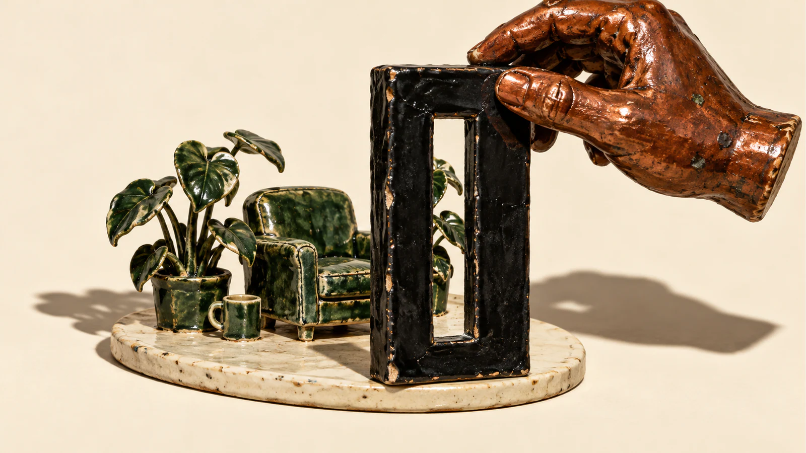 A burnt-copper ceramic hand holds a thick black frame with a narrow opening before a miniature green armchair, cup and houseplants. Chipped glazes and hard shadows texture the ivory scene.