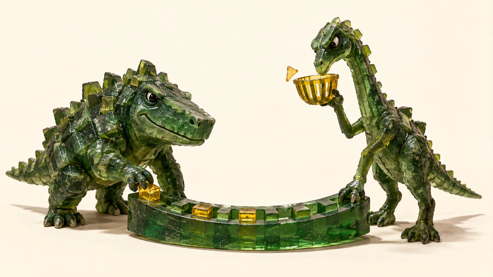 Two rough translucent green resin dinosaurs share a curved track on an ivory background. One places a yellow block on the track; the other holds a yellow strainer beneath a hovering jagged fragment.