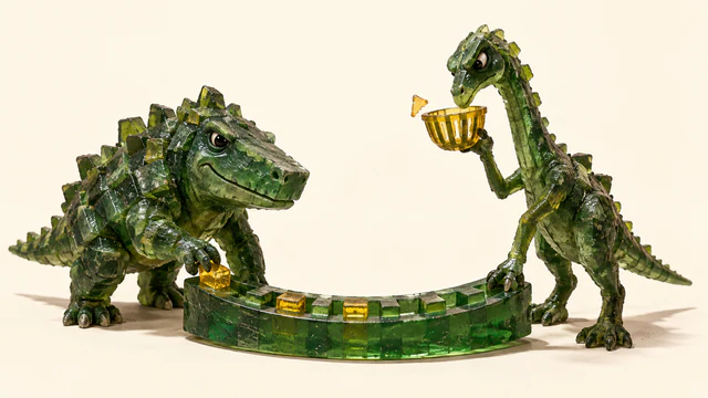 Two rough translucent green resin dinosaurs share a curved track on an ivory background. One places a yellow block on the track; the other holds a yellow strainer beneath a hovering jagged fragment.