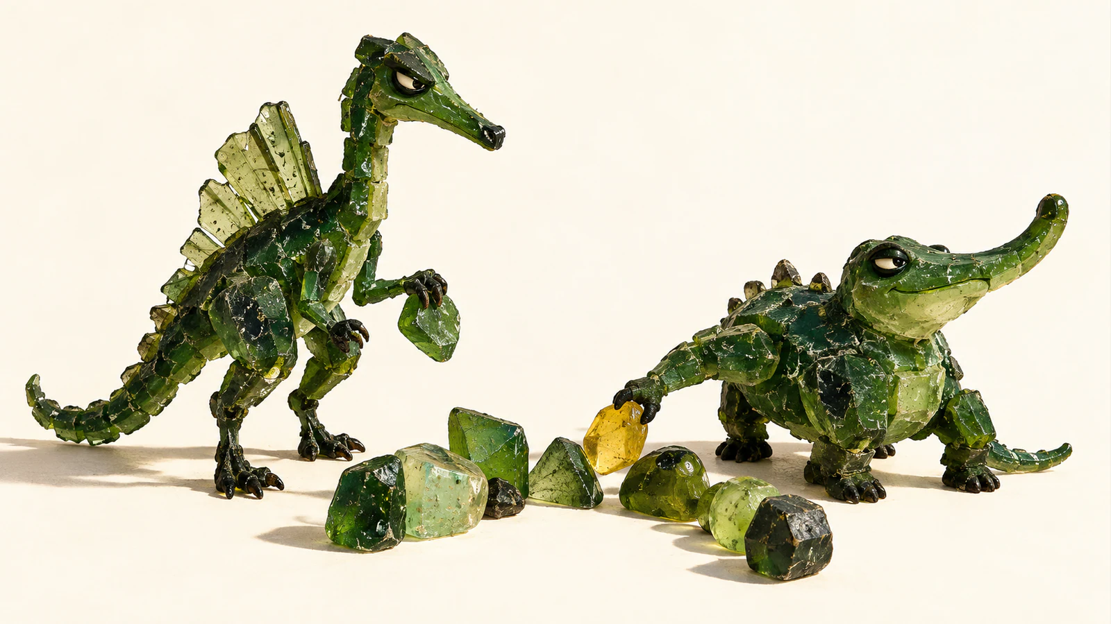 Two skeptical green resin dinosaurs hold irregular tokens over a loose curved grouping. The squat dinosaur lowers a yellow token into the middle, against an ivory background with hard shadows.