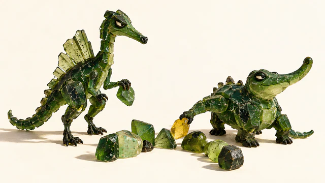 Two skeptical green resin dinosaurs hold irregular tokens over a loose curved grouping. The squat dinosaur lowers a yellow token into the middle, against an ivory background with hard shadows.