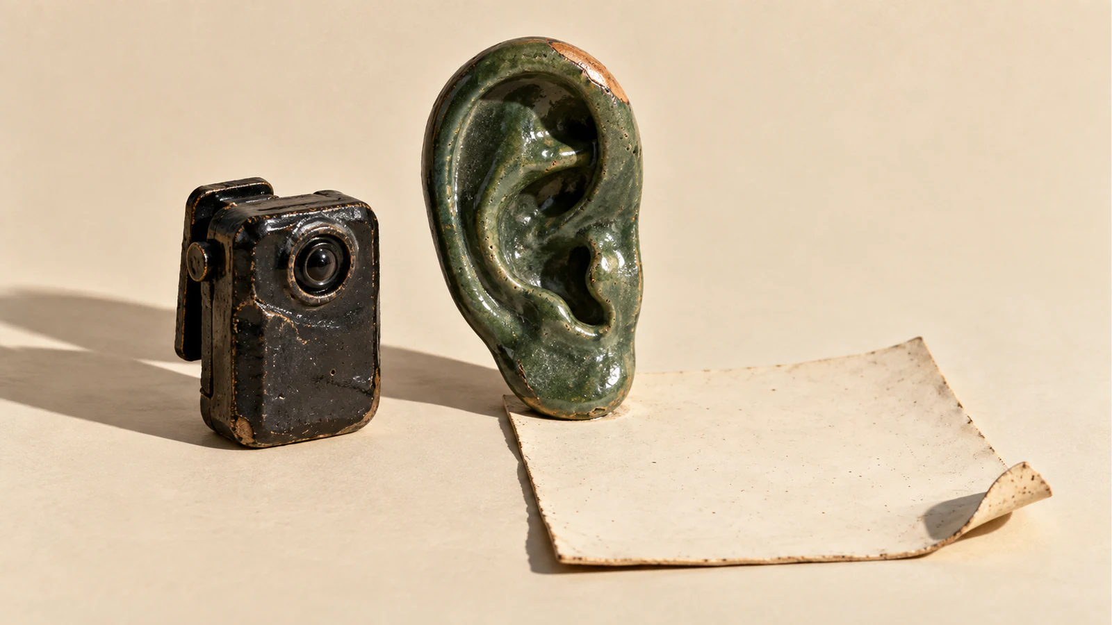 An oversized green ceramic ear rests on a blank, curled ivory sheet beside a battered black ceramic body camera. Hard shadows cross the warm ivory background.