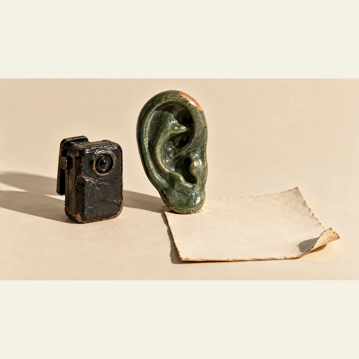 An oversized green ceramic ear rests on a blank, curled ivory sheet beside a battered black ceramic body camera. Hard shadows cross the warm ivory background.
