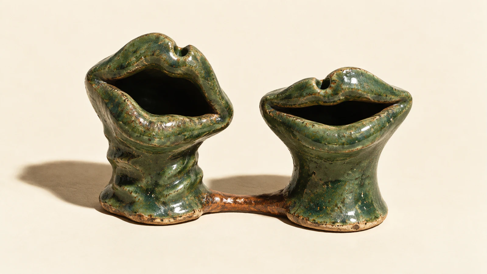 Two mottled green ceramic mouths joined at their bases by a copper-colored bridge on ivory. The taller mouth is irregular and open; the lower, broader mouth forms a composed smile. Hard shadows emphasize their handmade surfaces.