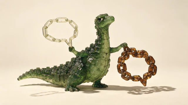 A translucent green resin dinosaur holds a pale, lightly linked speech bubble aloft and a thicker copper-colored linked bubble lower down, casting hard shadows on warm ivory.