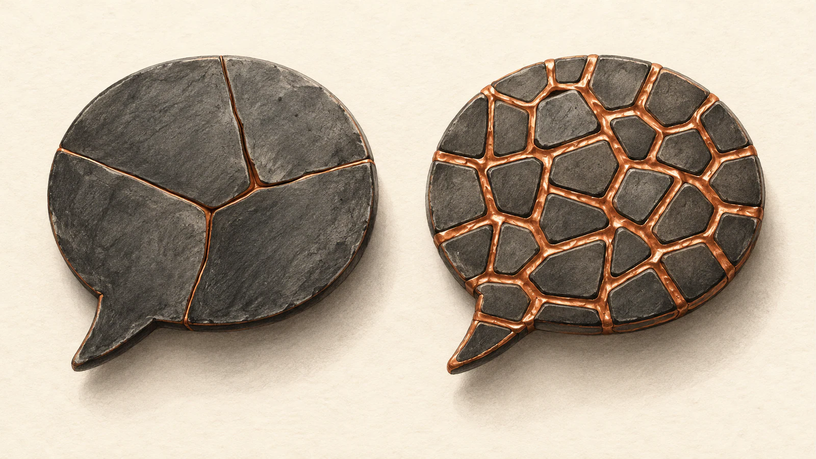 Two charcoal-colored speech-bubble mosaics on textured ivory paper. The left has a few large pieces with thin copper seams; the right has many smaller pieces with thicker copper seams.