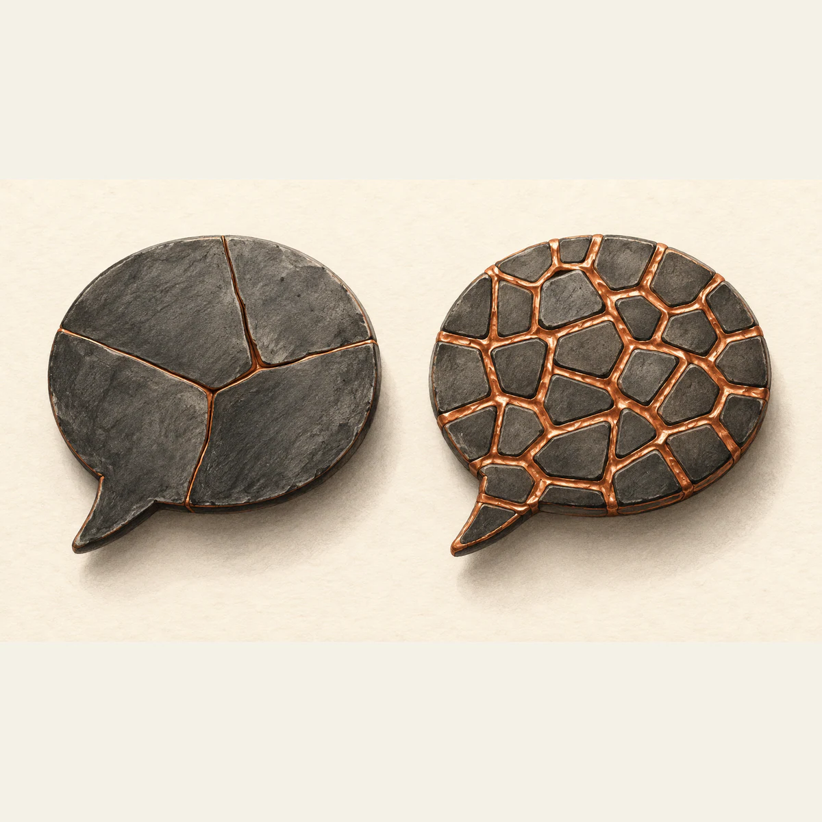 Two charcoal-colored speech-bubble mosaics on textured ivory paper. The left has a few large pieces with thin copper seams; the right has many smaller pieces with thicker copper seams.