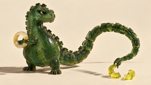 A skeptical green resin dinosaur holds an intact pale ring while its long, segmented tail curls toward two broken yellow ring pieces on an ivory surface.