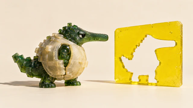 A skeptical green resin dinosaur wears a bulky translucent ivory casing beside a yellow panel with a slimmer dinosaur-shaped opening. Bubbles, seams and hard shadows give the ivory scene a handmade miniature feel.