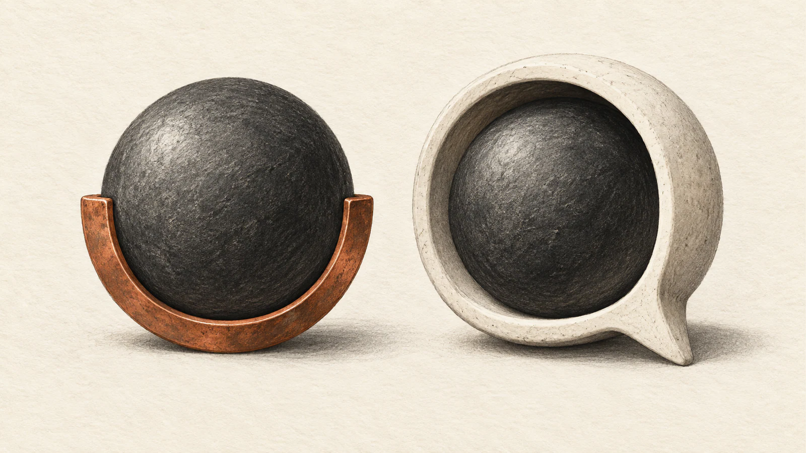 Two charcoal spheres on textured ivory paper: one cradled by a copper semicircle, the other enclosed in a thick ivory speech-bubble shell.