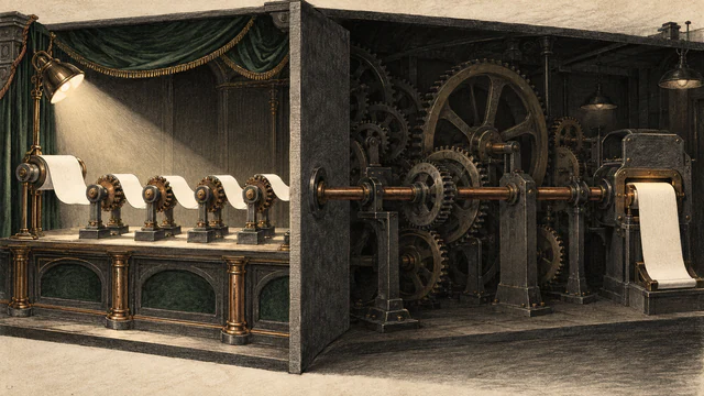 A lit blank reasoning ribbon turns small visible wheels while a hidden gear train behind a wall drives the final output.