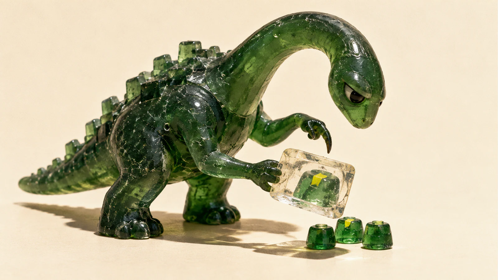 A translucent forest-green resin dinosaur holds a clear slab displaying an enlarged yellow-notched stud above three small studs, with one claw hovering cautiously. Hard shadows fall across a warm ivory background.