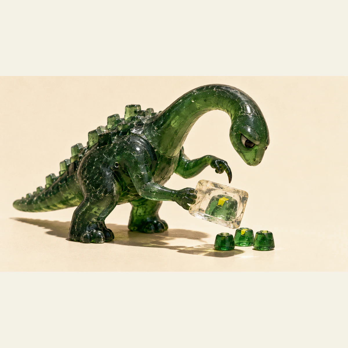 A translucent forest-green resin dinosaur holds a clear slab displaying an enlarged yellow-notched stud above three small studs, with one claw hovering cautiously. Hard shadows fall across a warm ivory background.