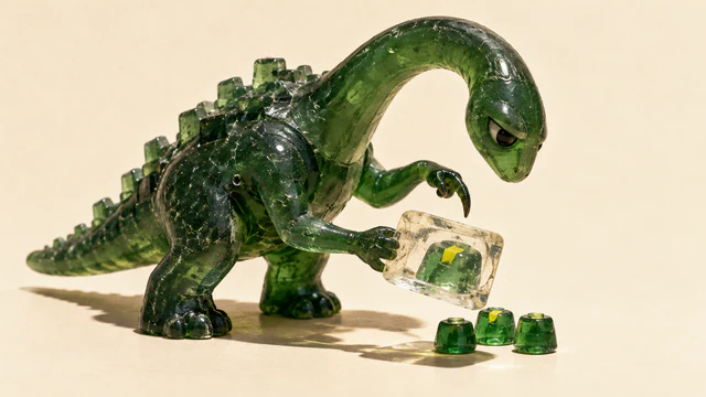A translucent forest-green resin dinosaur holds a clear slab displaying an enlarged yellow-notched stud above three small studs, with one claw hovering cautiously. Hard shadows fall across a warm ivory background.