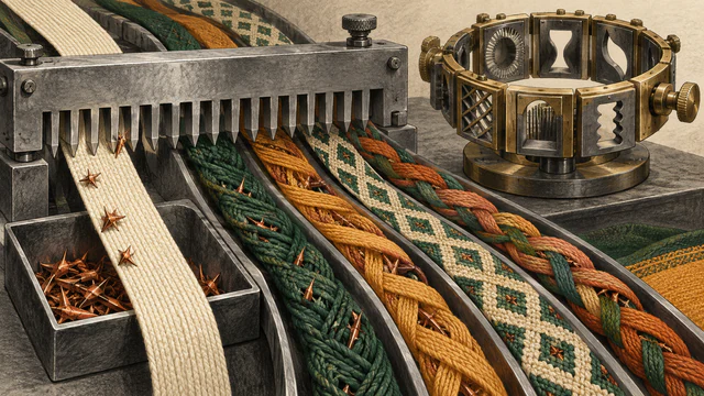 A rigid inspection comb removes copper thorns from one plain ribbon while hidden thorns remain woven through several differently braided ribbons beside an adjustable inspection ring.