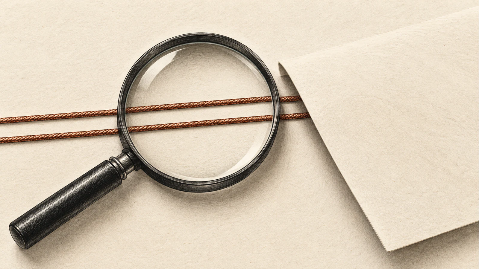 A charcoal magnifying glass reveals two parallel copper cords on textured ivory paper; both cords continue beneath an opaque folded sheet.