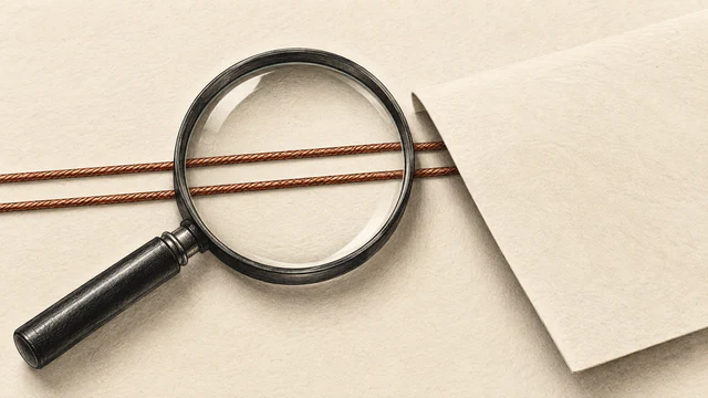 A charcoal magnifying glass reveals two parallel copper cords on textured ivory paper; both cords continue beneath an opaque folded sheet.