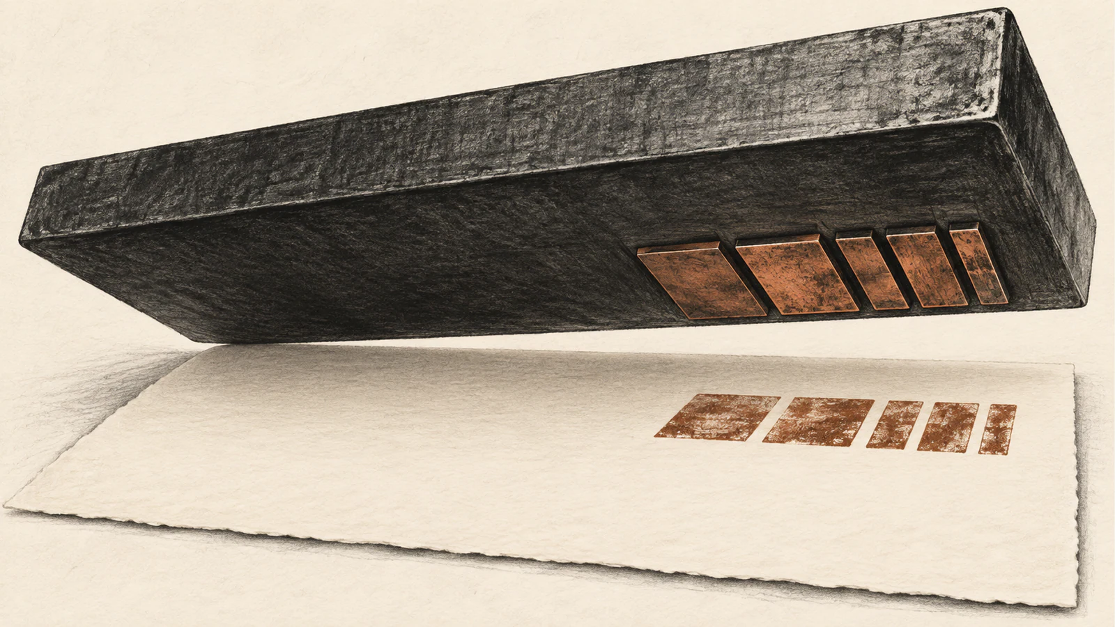 A broad charcoal printing block hovers above ivory paper. Five copper rectangles on its mostly blank underside correspond to five impressions on the otherwise empty sheet.