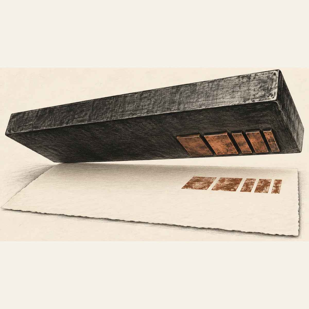 A broad charcoal printing block hovers above ivory paper. Five copper rectangles on its mostly blank underside correspond to five impressions on the otherwise empty sheet.