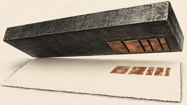 A broad charcoal printing block hovers above ivory paper. Five copper rectangles on its mostly blank underside correspond to five impressions on the otherwise empty sheet.