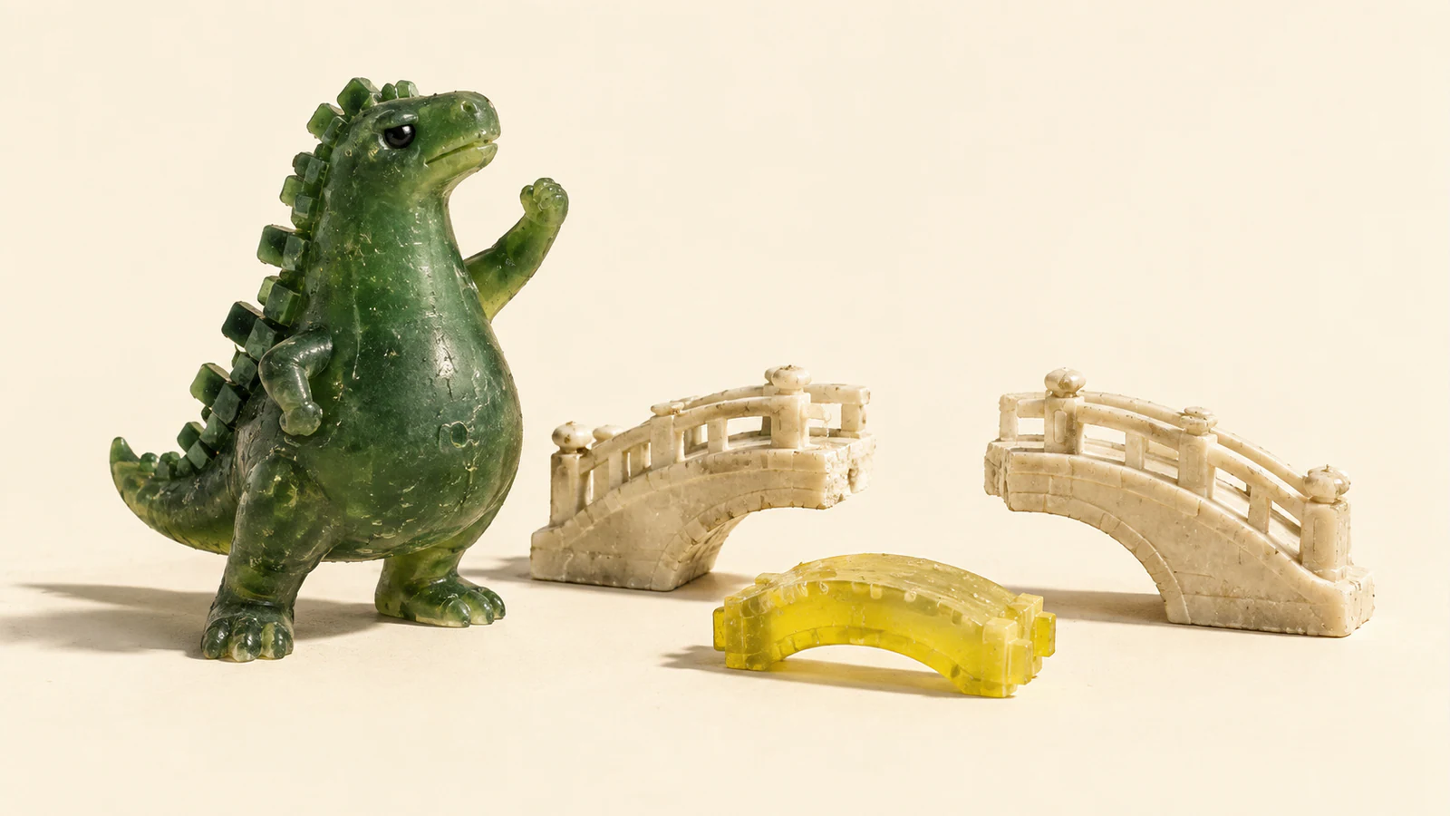 A textured green resin dinosaur raises one fist beside an ivory miniature bridge missing its middle span. A loose yellow bridge segment rests in front on a warm ivory background.