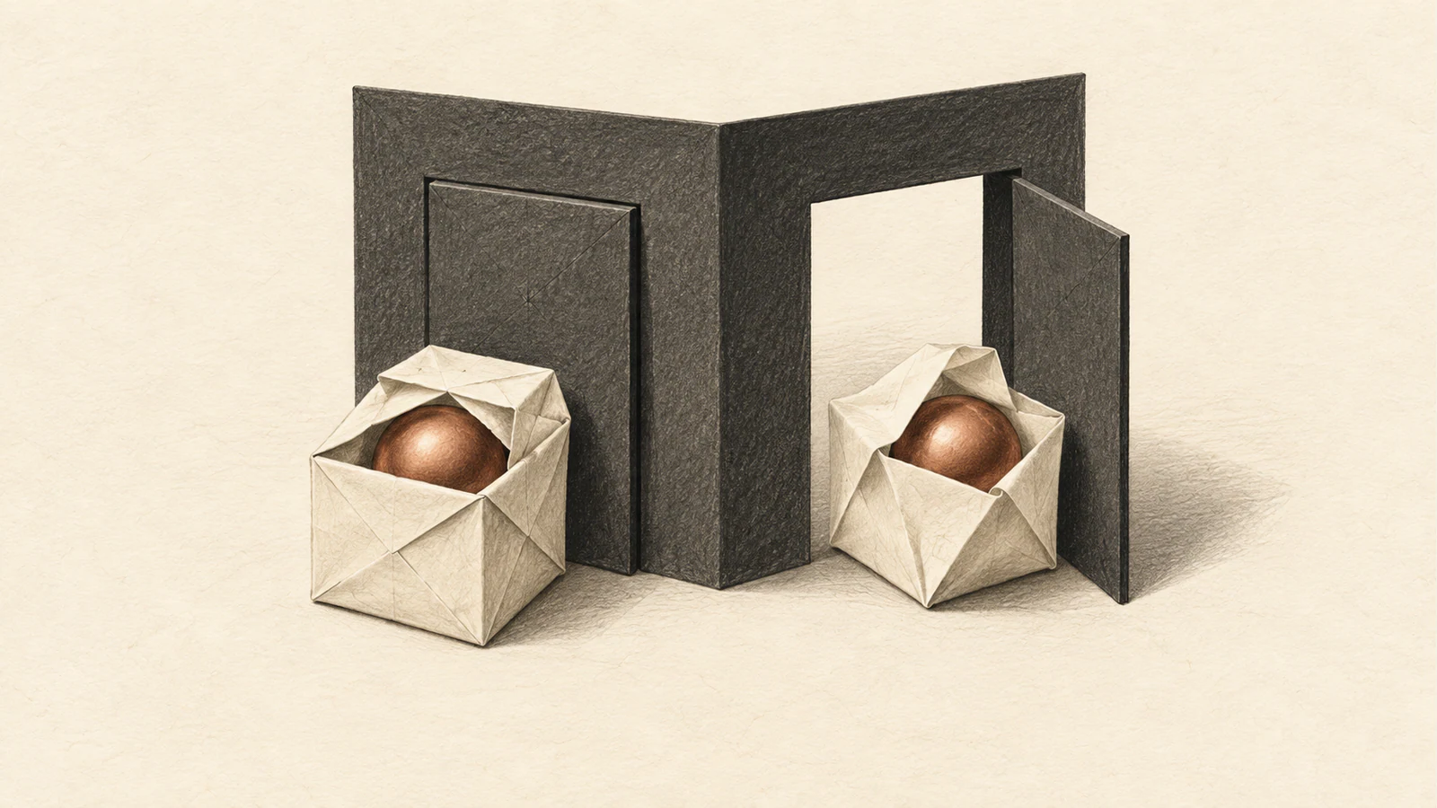Two differently folded ivory parcels reveal matching copper spheres before a charcoal paper partition, one at a closed door and the other at an open doorway.