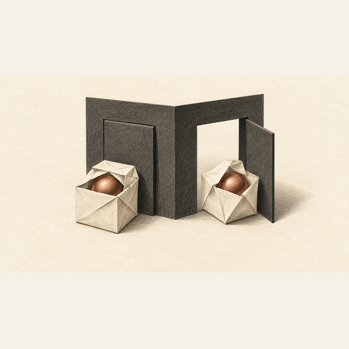 Two differently folded ivory parcels reveal matching copper spheres before a charcoal paper partition, one at a closed door and the other at an open doorway.