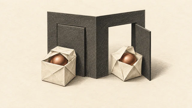 Two differently folded ivory parcels reveal matching copper spheres before a charcoal paper partition, one at a closed door and the other at an open doorway.